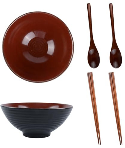 Yuedefly 1200ml Ceramic Ramen Bowl Set of 2,Noodle Bowls Noodle Bowls with Wooden Chopsticks and Spoons for Soup Salad Pho Cereal Pasta(Agate Red)