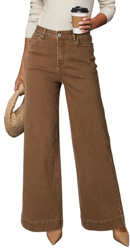 Dokotoo Womens Casual High Waisted Jeans for Women Straight Wide Leg Loose Stretch Denim Pants Brown Size 6