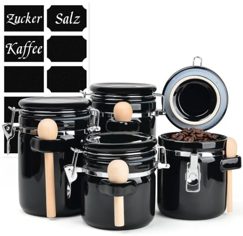 ZEBERBO 4-Piece Airtight Ceramic Canisters Set with Wooden Spoons & Chalk Labels – Perfect for Coffee, Sugar, Flour, Tea (Black) – Stylish & Leakproof Kitchen Storage