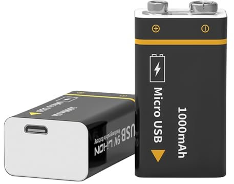 Baterías Recargables de 9V 1000mAh de Alta Capacidad Recarga USB con Cable para Detectores Humo, Multímetros, Control Remoto, Guitarra Eléctrica, Micrófono Inalámbrico (2 Piezas)