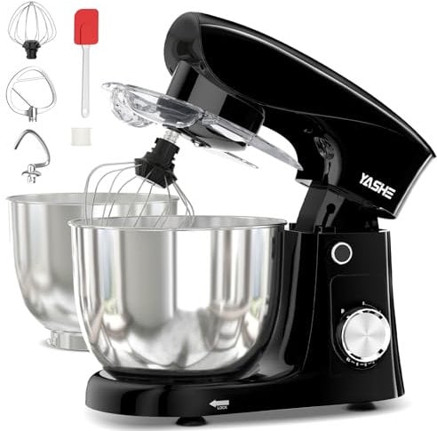 YASHE Batidora Amasadora 1500W, 4,5 + 5L Doble Bol de Acero Inoxidable, 10+P Velocidades, Movimiento Planetario, Cabezal Inclinable, Gancho para Masa, Batidor y Varillas
