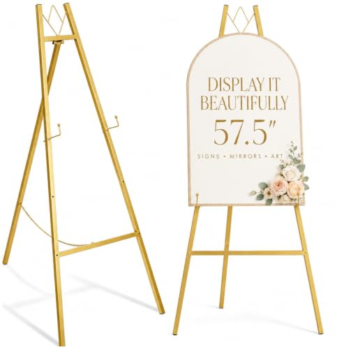 WATIHERE 57.5 Gold Easel Stand for Wedding Sign – 4 Adjustable Height Levels, Assembly Required, Heavy Duty Metal Display Stand for Art, Paintings, Posters, Pictures, and Home Décor