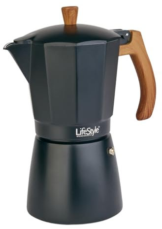 Genérico Cafetera italiana de aluminio color negro mate con mango de madera de 3/6/9/12 tazas (9 Tazas)