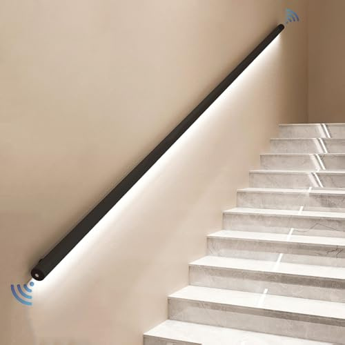 CHBCJJYP Handlauf Treppengeländer Treppenhandlauf mit Sensorlicht, Wandmontage Rohrgeländer für Innentreppen, Handlauf aus Metall für Treppen, Schwarz(120cm)