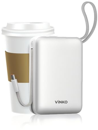 VINKO Power Bank 20000mAh, Bateria Portatil Carga Rapida, Cargador Portátil con Cable Carga Integrado USB C ＆A, Powerbank Pantalla LED 22,5 W para iPhone 17 Pro MAX, Samsung, Xiaomi -Blanco