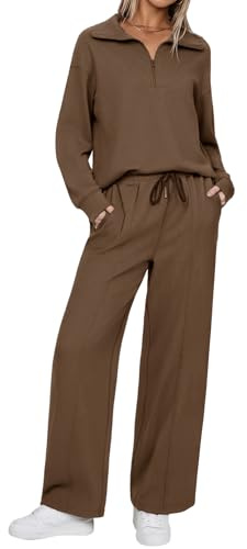 Aottori Tute da Ginnastica Donna Completa Sportiva Invernale Pigiami Due Pezzi Tracksuit Tinta Unita Felpa Scollo a V e Pantaloni con Tasche Casual per Jogging Training Marrone XXL