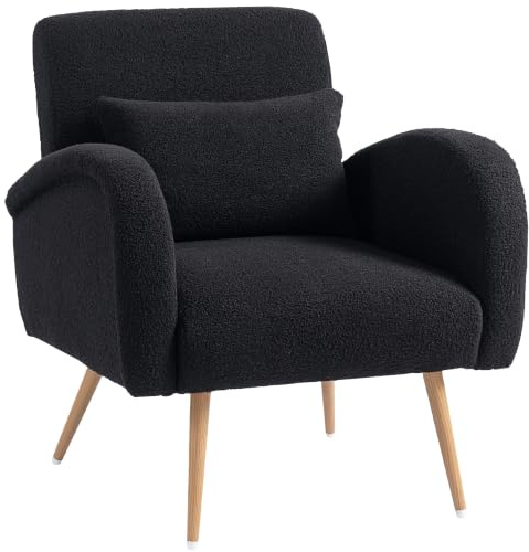 HOMCOM Modern Accent Chair Teddy Fleece Armchair Lumbar Pillow Black | Upholstered, Metal Legs, Reading, Living Room, Bedroom