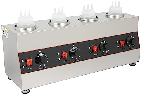 Electric Food Sauce Warmer Commercial Electric Sauce Warmer with 4 Sauce Bottles Stainless Steel Sauce Heater Dispenser Warming Machine for Mayonnaise, Salad Dressing, Ketchup, Chocolate Sauce