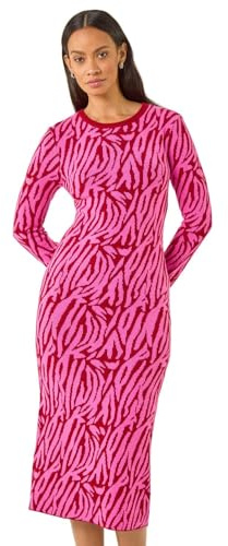 Roman Originals Knitted Jumper Dress for Women UK Ladies Stretchy Knit Knitwear Autumn Winter Casual Smart Pull On Work Long Sleeves Slouch Above Knee Short Length - Animal Fuchsia Pink - Size 14