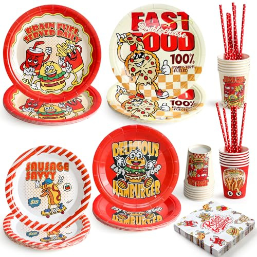 Set Vaisselle Jetable Fast Food Anniversaire Enfant, Assiettes Plates Serviettes Gobelets Pailles Décoration Anniversaire Thème Hamburger Frites Pizza Hot Dog Garçon Fille 12 Personnes
