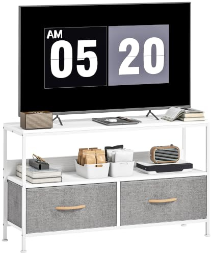HOMCOM Mueble de TV, Mesa de TV con Estante, 98 cm, Blanco y Gris | 2 Cajones de Tela Plegables, para Televisores hasta 47 Pulgadas, Salón Dormitorio
