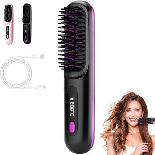 Glow Wave Heated Brush, 2026 Glow Wave Heated Brush for Short Hair, USB Charging, 3 Heat Settings & LED Screen for Travel and Frizz-Free Styling (Black)