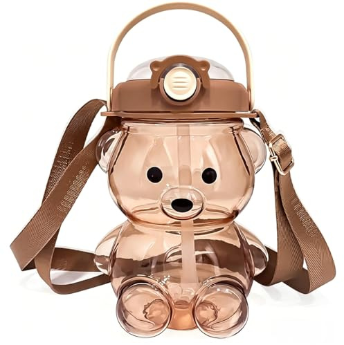 NimblusToy Bear Water Bottle with Straw and Strap, 1000ML Cute Water Bottles, Portable Leakproof BPA-Free for School Sports Camping Picnic Hiking Travel for Girls Boys - Brown