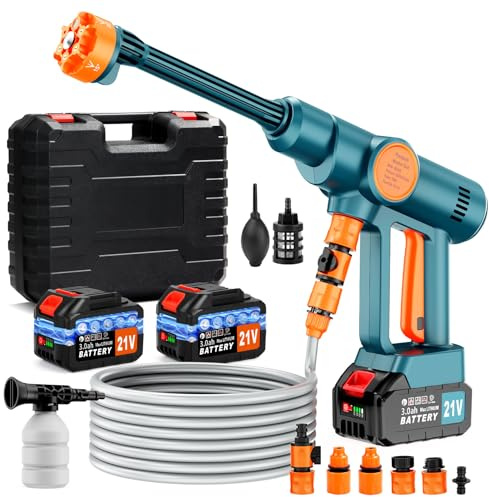 Idropulitrice Portatile a Batteria con Collegamento a Rubinetto Diretto,Idropulitrice Elettrica Portatile Senza Fili con 2×3.0Ah Batteria, Ugello 6 in 1,per Auto, Giardino,Terrazza,Prato e Irrigazione