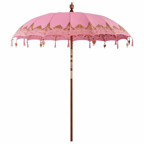 hliofuir Balinesischer Sonnenschirm Rosa 215x215x260 cm Gartenschirm aus Baumwolle und Massivholz Runder Terrassenschirm handgefertigt mit Glocken und Quasten für Garten und Terrasse