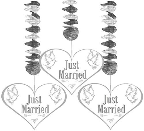 Just Married Hanging Decoration Pack of 3, Silver and White Hanging Decoration with spiral foil and heart