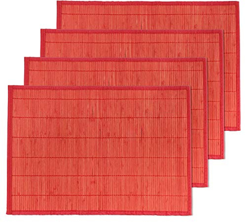 BambooMN Bamboo Slats Placemat with Fabric Border - Solid Color Print - 18 x 13 - Red, 4 pcs