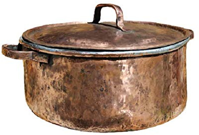 Pentola grande, Pentola in rame rotonda; pentola per risotto stagnata; lavorata a mano