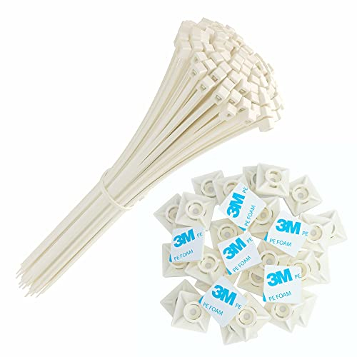 intervisio 100 pz Fascette Plastica per Cablaggio 200 mm x 2,5 mm, Bianco + 50 pz 19 mm Supporto Autoadesivo Bianche 19mm, Nylon Stringicavo 200mm Cavi Fermacavo