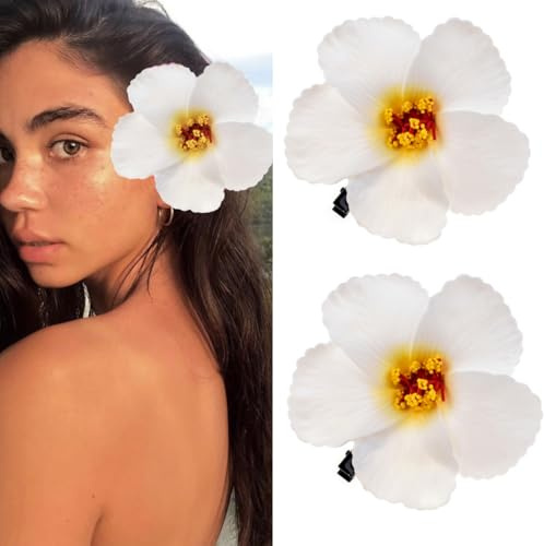 Love Sweety 2pc Hawaiian Plumeria Hair Clips Galsang Flower Barrettes for Beach Party - White -