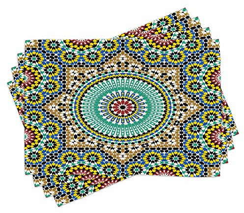Lunarable Moroccan Place Mats Set of 4, Architectural Glaze Wall Tile Ceramic Historical Traveling Destinations, Washable Fabric Placemats for Dining Table, Standard Size, Khaki Blue