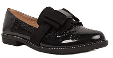 Mocassini da donna in vernice classica con fiocco in camoscio e cuciture vintage, Nero , 37 EU