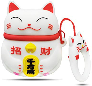 Airpods Case, Gtinna 3D Cute Cartoon Lucky Cat Airpods Cover Soft Silicone Rechargeable Headphone Cases,AirPods Case Protective Silicone Cover and Skin for Apple Airpods 1st/2nd Charging Case (White)