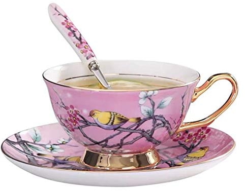 Eplze YBK Tech Euro Style Cup& Saucer Set, Bone China Teacup Coffee Cup for Breakfast Home Kitchen- Birds and Trees Patterns (Hot Pink)