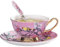 Eplze YBK Tech Euro Style Cup& Saucer Set, Bone China Teacup Coffee Cup for Breakfast Home Kitchen- Birds and Trees Patterns (Hot Pink)