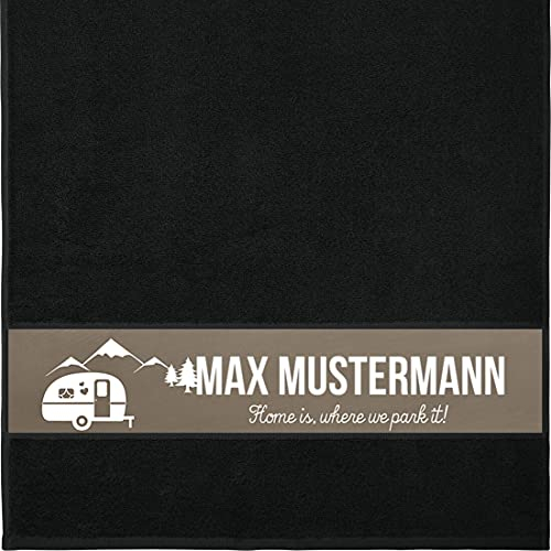 Handtuch mit Namen - personalisiert - Motiv Home is where we park it - viele Farben & Motive - Dusch-Handtuch - schwarz - Größe 50x100 cm - persönliches Geschenk mit Wunsch-Motiv und Wunsch-Name