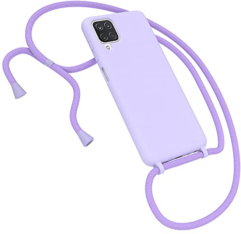 EAZY CASE Premium Silikon Handykette kompatibel mit Samsung Galaxy A12 Handyhülle mit Umhängeband, Handykordel mit Schutzhülle, Silikonhülle, Hülle mit Band, Kette für Smartphone, Lavendel Lila