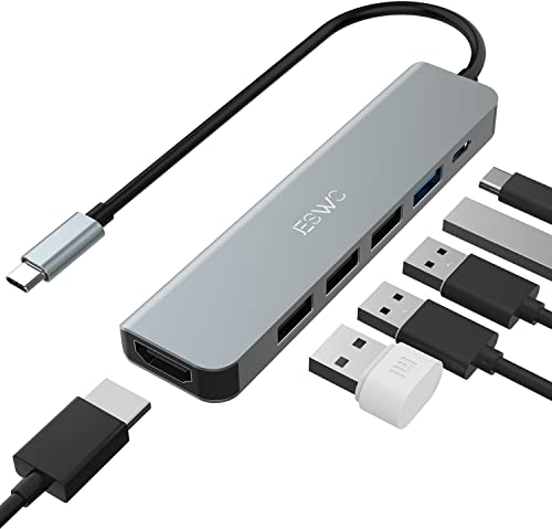 JESWO Hub USB C, 6 en 1 Adaptador USB C con HDMI 4K, PD 100W,Multipuerto USB 3.0 Puertos 5Gbps, Adaptador Multipuerto, para MacBook Air, iPad Pro, XPS y más Dispositivos USB-C