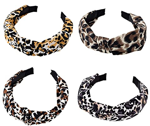 Haarreif 4 Stück Haarreifen Damen Breit Retro Stirnband Haarreifen Vintage mit Knoten Haarband Stoff Haarreif für Frauen Mädchen Lieferungen (4Leopard)