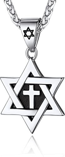 Collier Homme Etoile de David Argenté Pendentif Croix Femme Juif Amulette Religieux Triangles Torsadés Chaine Spiga Ble Acier 55 cm Cadeau Noel Maman Papa Porte Bonheur