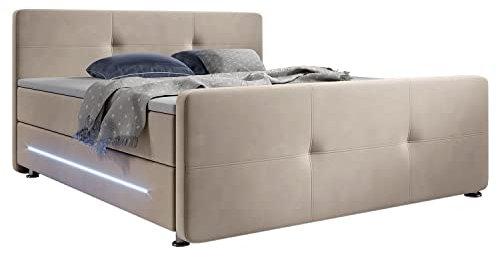 Juskys Boxspringbett Houston 140x200 cm - Doppelbett mit LED-Beleuchtung, Topper & Bonell-Federkern-Matratzen - Bett Polsterbett Beige mit Stoff