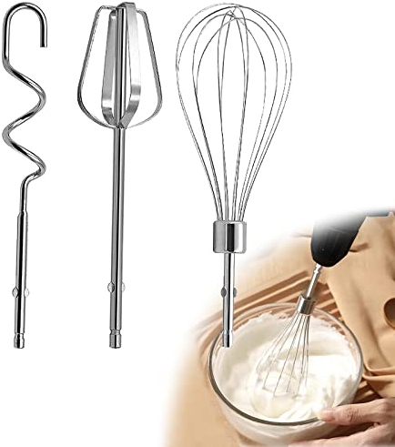 Qazuwa Batidor Eléctrico Accesorios,3 Batidora Manual de Acero Inoxidable,Batidor,Varillas Cocina de Alambre(1 Varilla, 1 Gancho para Amasar, 1 Batidor de Globo)
