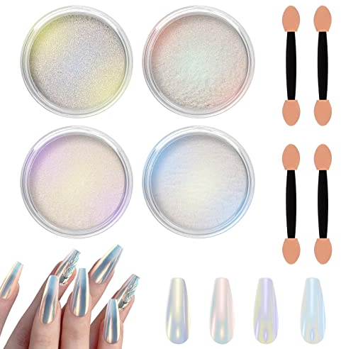 Allstarry Chrome Nail Powder 4 Colors Iridescent Aurora Powder Metallic Mirror Effect Pigment Pearlescent Mermaid Glitter Unicorn Glitter for Nail Art Manicure Decoration Home DIY Salon