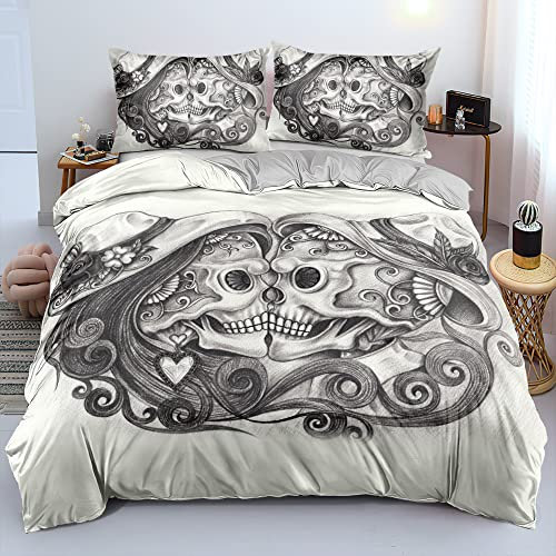 DXHOME Halloween Bettwäsche 200x220 3D Totenkopf Bettwäsche Gothic Schädel Motiv Weiß Bettbezug Romantische Mikrofaser Bettwäsche 3 teilig für Paare mit Reißverschluss und 2 Kissenbezüge 80x80 cm