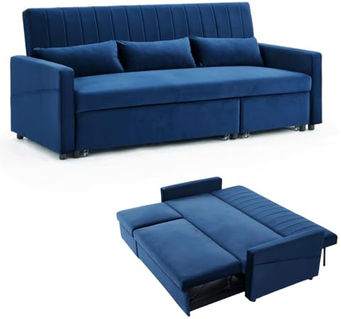 Home Detail Devon Blue Velvet Pull-out Sofa Bed | Pull-Out, Grey Linen Storage Chaise, Grey Blue Velvet Options