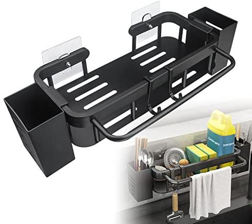 AHRITA Organizador Fregadero Multifuncional de Acero Inoxidable, Soporte de Esponja sin Taladrar, Estropajo Organizador con 2 Tubos de Almacenamiento, 2 Ganchos y Soporte de Paño, Negro