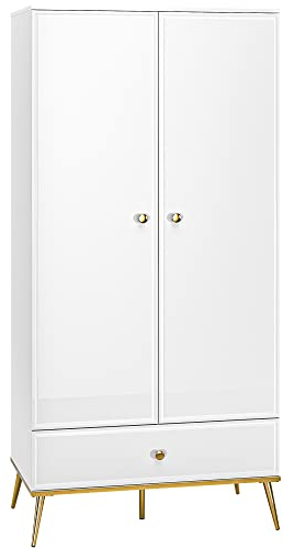 Marmex Meble Garderobenschrank weiß glänzend Glamour Style Goldin 01, zweitüriger Kleiderschrank mit Schublade