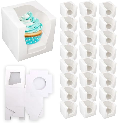 SOL 24 Pack of Individual Cupcake Boxes – 9cm x 9cm x 9cm - Square White Card Boxes with Clear Window – Perfect for Muffins, Cup Cakes, Parties, Events, Weddings, Home Baking