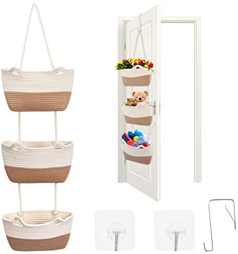Cliplanyard Over Door Storage Organiser, Hanging Storage Organiser Baskets with 3 Pockets and Hooks, Rope Fabric Storage Solution for Bedroom, Bathroom, Nursery, Dual Purpose Cotton Rope Basket (01)