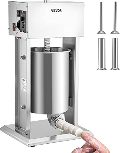VEVOR Máquina eléctrica para embutidos, 10 L, acero inoxidable y aluminio, 200 W, profesional, incluye tubos de llenado de 37/30/21/15 mm, prensa vertical ajustable