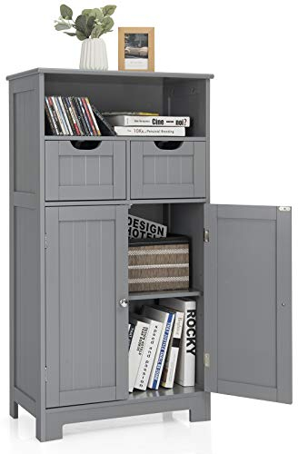 KOMFOTTEU Badezimmerschrank mit 2 Schubladen &1 Schrank & 1 offenen Regal, Badschrank 60 x 30 x 109 cm, Standschrank aus Holz, Aufbewahrungsschrank für Wohnzimmer, Schlafzimmer, Küche (Grau)