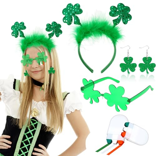 HOWAF St. Patrick's Day Accessoires: Kleeblatt Haarreif + Brille + Ohrringe + Irland Flagge Schminke, St. Patrick's Day Kostüm für Unisex-Erwachsene und Kinder in Grün