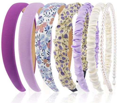 AHONEY Confezione da 7 cerchietti per capelli per ragazze e donne, alla moda, antiscivolo, graziosi accessori per capelli, multistile, con perle, Diademas Para Mujer (viola)