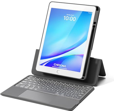 CHESONA Clavier iPad 9eme Generation, Clavier iPad 10.2 9/8/7eme Generation avec Trackpad, Mode Horizontal/Vertical, Étui Magnétique Détachable, Support Réglable 15-180°, Clavier AZERTY, Gris