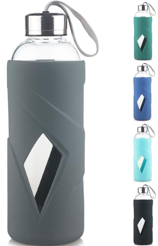 SHOW INGENUITY 1 Litre Gourde en Verre - 1000ml Bouteille d'eau en Verre Borosilicate sans BPA de avec Bouchon étanche et étui de Protection en Silicone