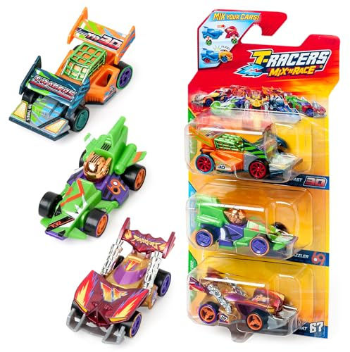 T-Racers Mix´N Race 3 Pack Sammelautos, zweiteilig zerlegbar und mit austauschbaren Teilen, Packung mit 4 Stück